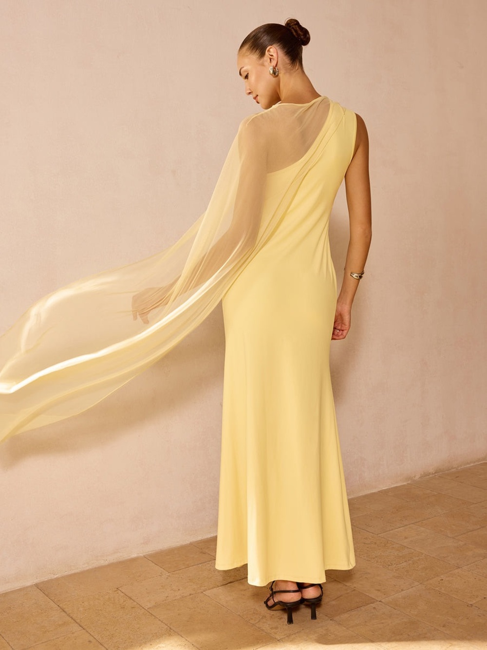 Commense Butter Yellow Drape Slim Maxi Evening Dress - Picture 3 of 8